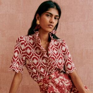 Sezane Dalhia Shirt Burgundy With Ecru Embroidery - Size 36